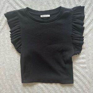 Zara Black Short Sleeve Tee with Ruffle Accents